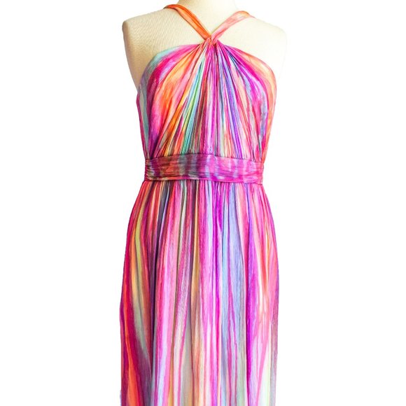 NEW silk halter long maxi dress painted rainbow pink 12 wedding party prom beach - Picture 3 of 13